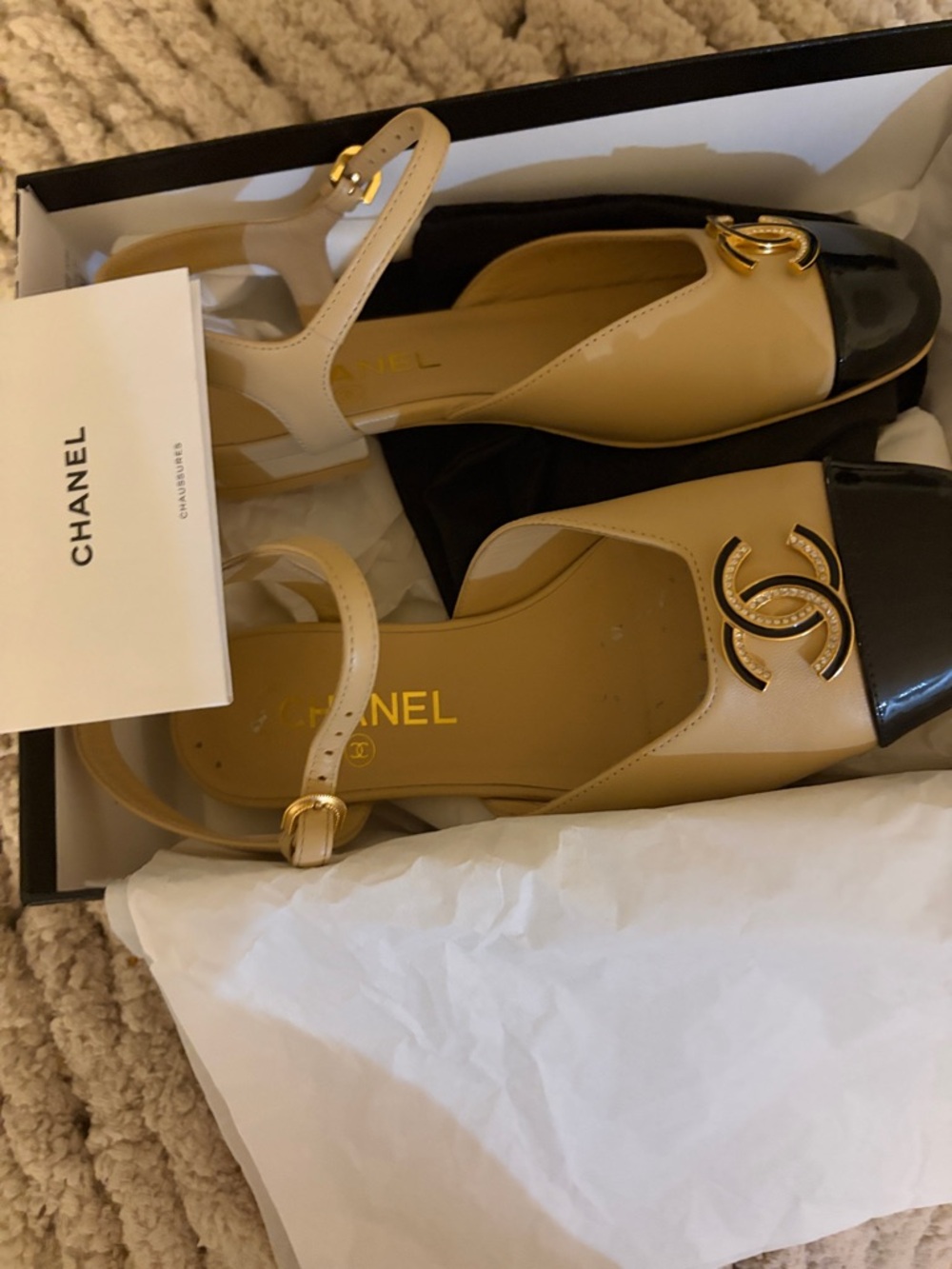 CHANEL Beige and Black Cap-Toe Slingback Sandals with CC Logo - Picture 2 of 6